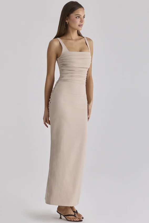 Calandra Taupe Stretch Crepe Ruched Maxi Dress Calandra Taupe Stretch Crepe Ruched Maxi Dress