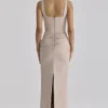 Calandra Taupe Stretch Crepe Ruched Maxi Dress Calandra Taupe Stretch Crepe Ruched Maxi Dress