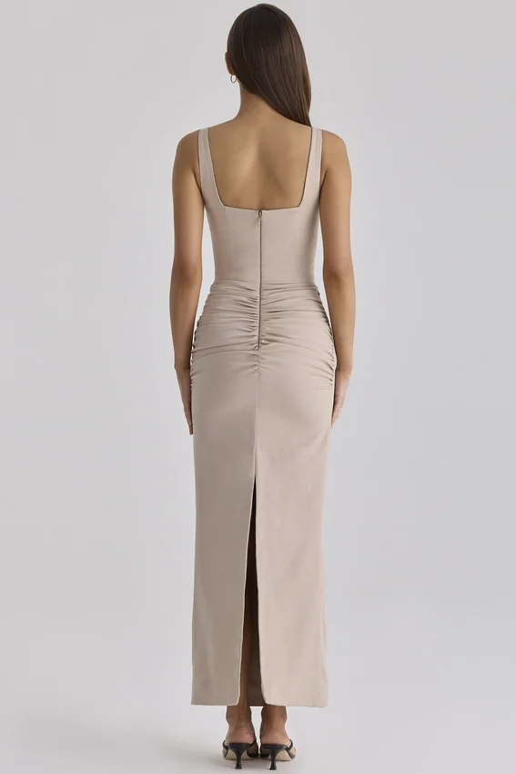 Calandra Taupe Stretch Crepe Ruched Maxi Dress Calandra Taupe Stretch Crepe Ruched Maxi Dress