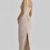 Calandra Taupe Stretch Crepe Ruched Maxi Dress Calandra Taupe Stretch Crepe Ruched Maxi Dress