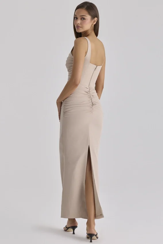 Calandra Taupe Stretch Crepe Ruched Maxi Dress Calandra Taupe Stretch Crepe Ruched Maxi Dress