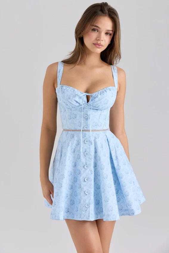 Calia Blue Floral Print Stretch Cotton Mini Dress Calia Blue Floral Print Stretch Cotton Mini Dress
