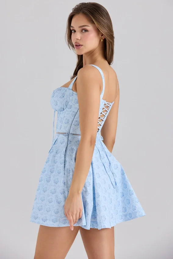 Calia Blue Floral Print Stretch Cotton Mini Dress Calia Blue Floral Print Stretch Cotton Mini Dress