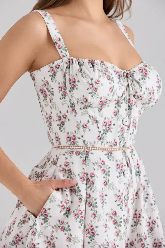 Calia Cream Rose Print Stretch Cotton Mini Dress Calia Cream Rose Print Stretch Cotton Mini Dress