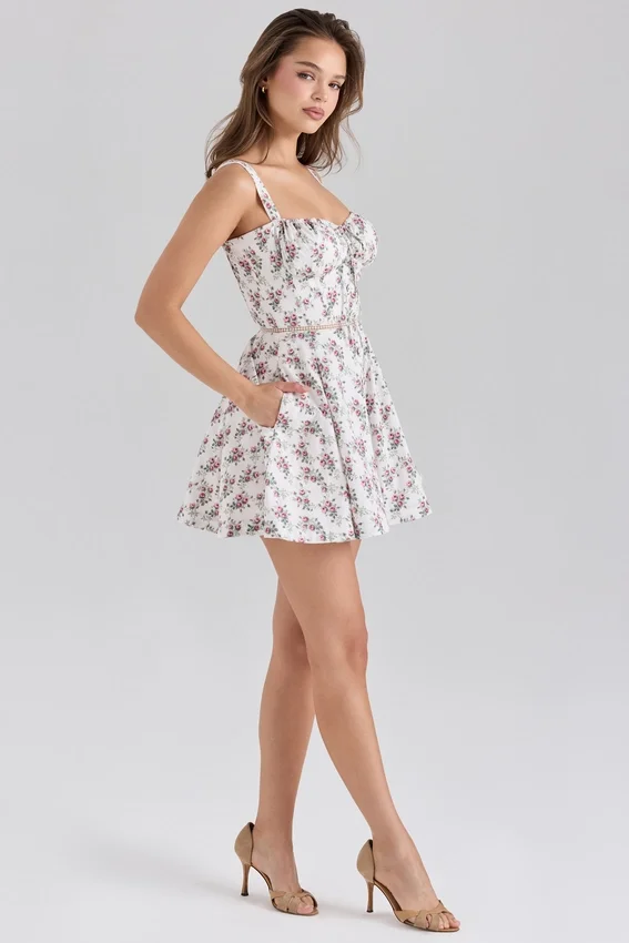 Calia Cream Rose Print Stretch Cotton Mini Dress Calia Cream Rose Print Stretch Cotton Mini Dress