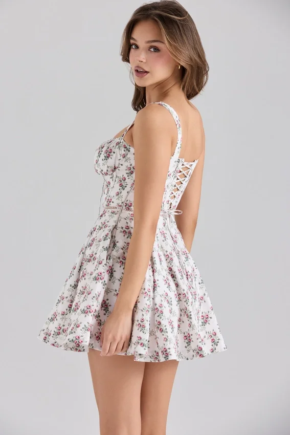 Calia Cream Rose Print Stretch Cotton Mini Dress Calia Cream Rose Print Stretch Cotton Mini Dress