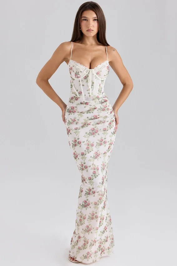 Calista Cream Rose Print Mesh Maxi Dress Calista Cream Rose Print Mesh Maxi Dress