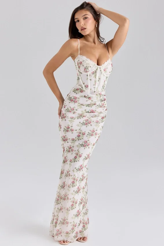 Calista Cream Rose Print Mesh Maxi Dress Calista Cream Rose Print Mesh Maxi Dress
