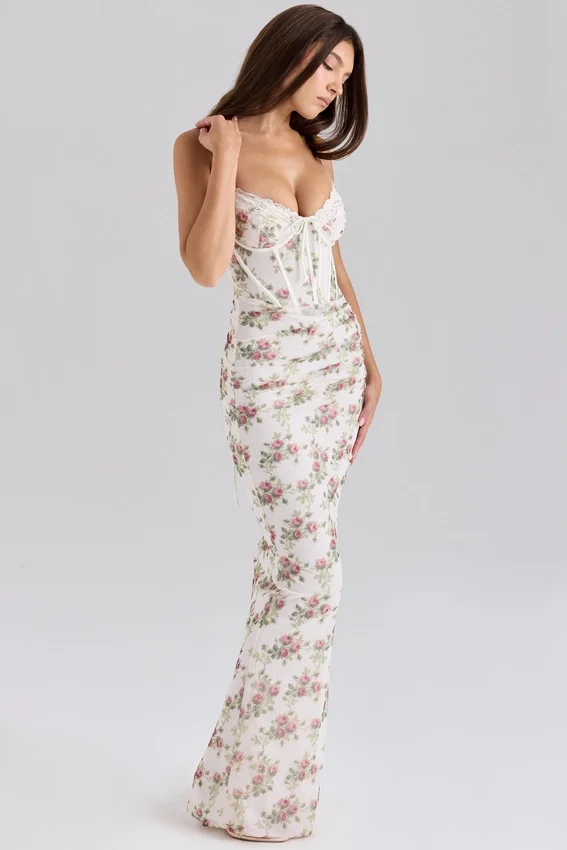 Calista Cream Rose Print Mesh Maxi Dress Calista Cream Rose Print Mesh Maxi Dress