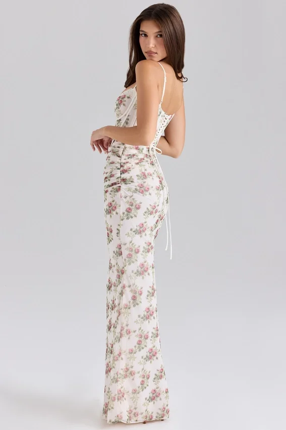 Calista Cream Rose Print Mesh Maxi Dress Calista Cream Rose Print Mesh Maxi Dress