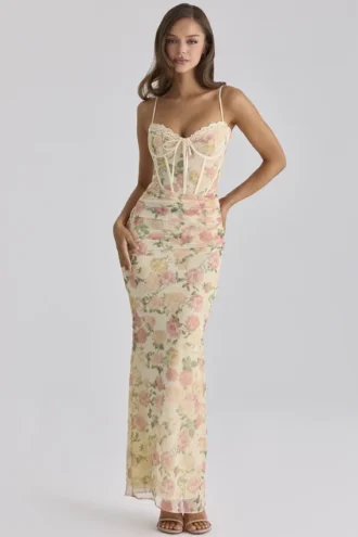 Calista Peach Floral Print Mesh Maxi Dress