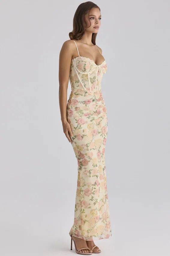 Calista Peach Floral Print Mesh Maxi Dress Calista Peach Floral Print Mesh Maxi Dress