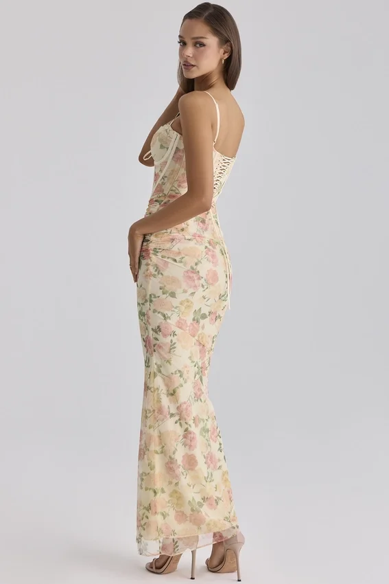 Calista Peach Floral Print Mesh Maxi Dress Calista Peach Floral Print Mesh Maxi Dress