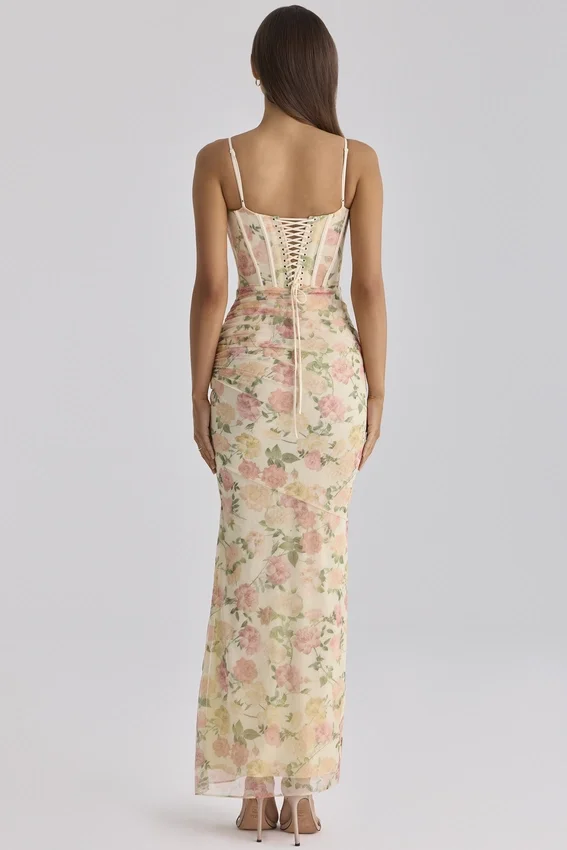 Calista Peach Floral Print Mesh Maxi Dress Calista Peach Floral Print Mesh Maxi Dress