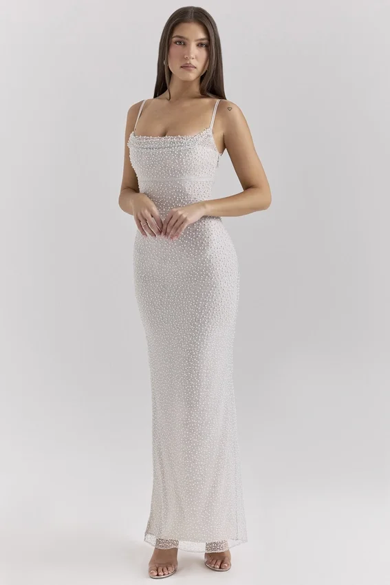 Calla Silver Pearl Embellished Maxi Dress Calla Silver Pearl Embellished Maxi Dress