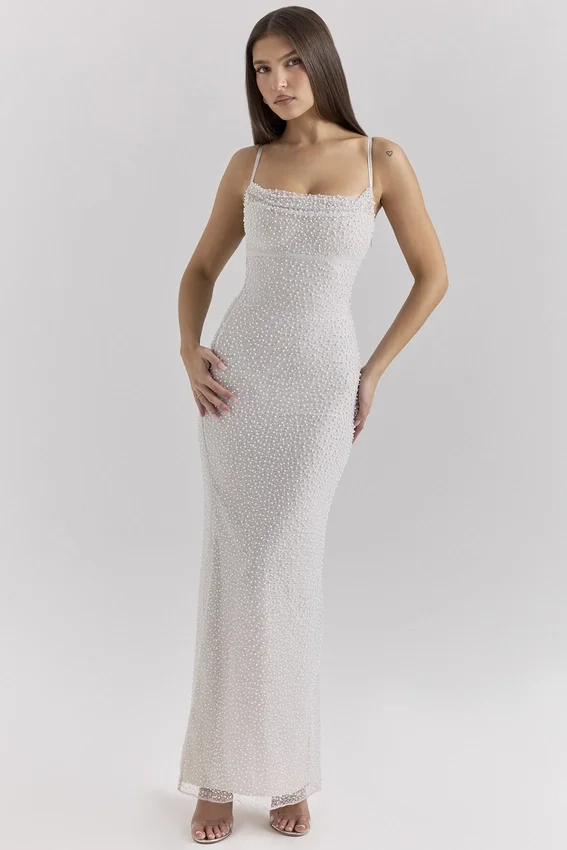 Calla Silver Pearl Embellished Maxi Dress Calla Silver Pearl Embellished Maxi Dress