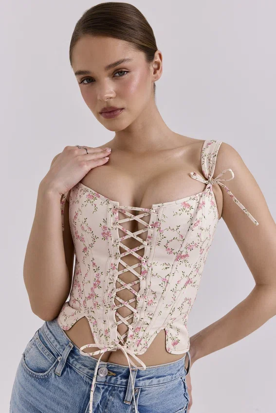 Callie Cream Vintage Floral Cotton Corset Top Callie Cream Vintage Floral Cotton Corset Top