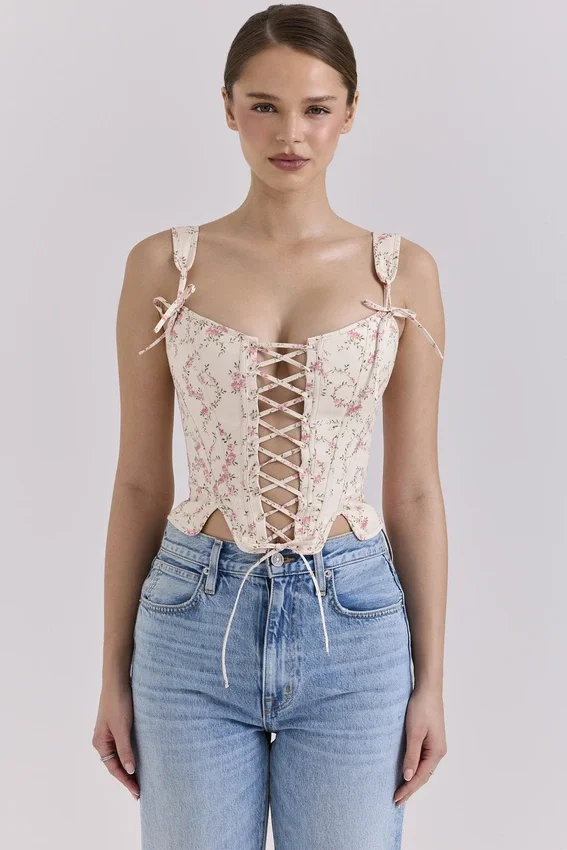 Callie Cream Vintage Floral Cotton Corset Top Callie Cream Vintage Floral Cotton Corset Top