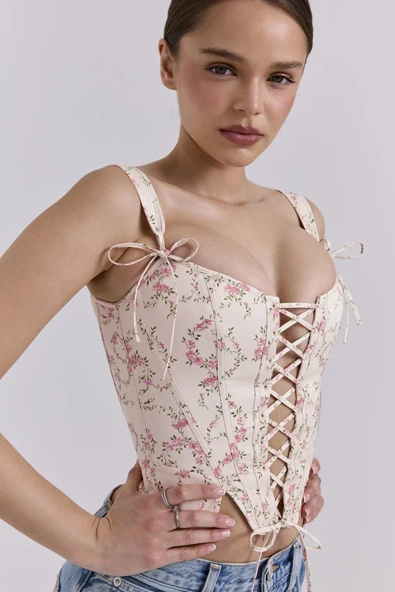 Callie Cream Vintage Floral Cotton Corset Top Callie Cream Vintage Floral Cotton Corset Top