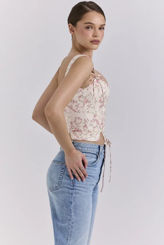 Callie Cream Vintage Floral Cotton Corset Top Callie Cream Vintage Floral Cotton Corset Top