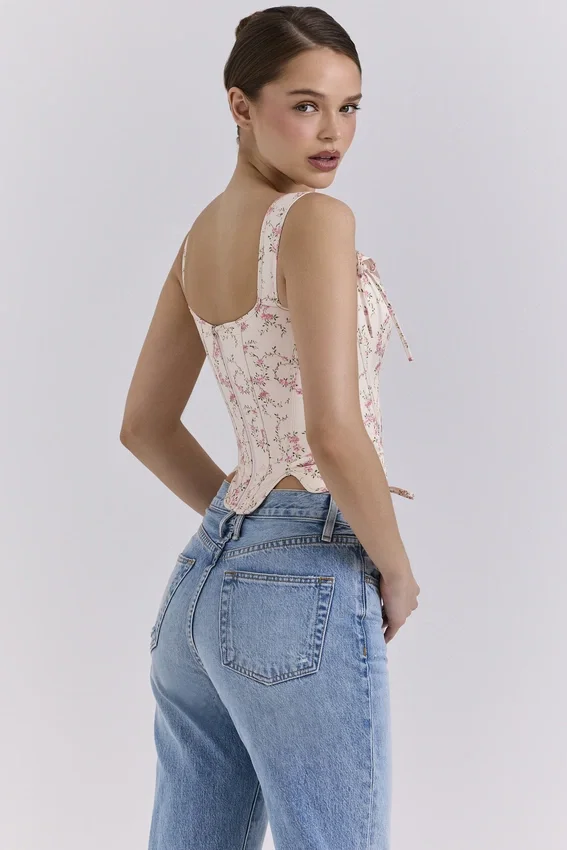 Callie Cream Vintage Floral Cotton Corset Top Callie Cream Vintage Floral Cotton Corset Top