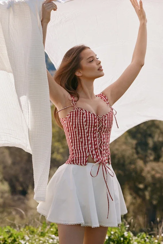 Callie Red Gingham Cotton Corset Top Callie Red Gingham Cotton Corset Top