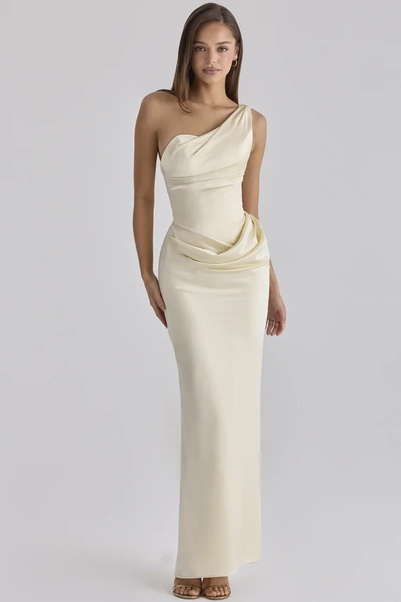 Caprice Lemon One Shoulder Satin Maxi Dress Caprice Lemon One Shoulder Satin Maxi Dress