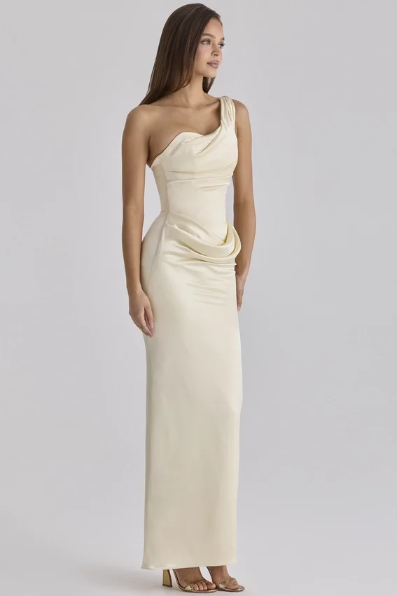 Caprice Lemon One Shoulder Satin Maxi Dress Caprice Lemon One Shoulder Satin Maxi Dress