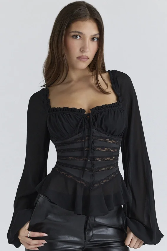 Cara Black Long Sleeve Georgette Peplum Top Cara Black Long Sleeve Georgette Peplum Top
