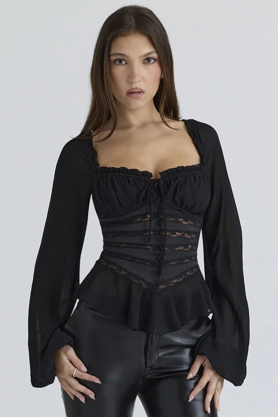 Cara Black Long Sleeve Georgette Peplum Top Cara Black Long Sleeve Georgette Peplum Top