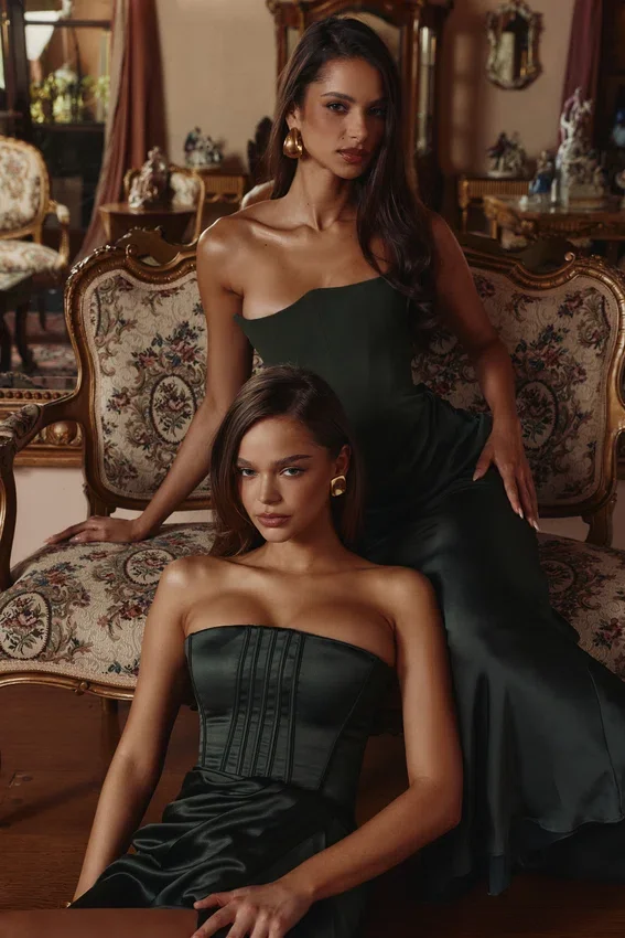Carelle Emerald Satin Strapless Maxi Dress Carelle Emerald Satin Strapless Maxi Dress