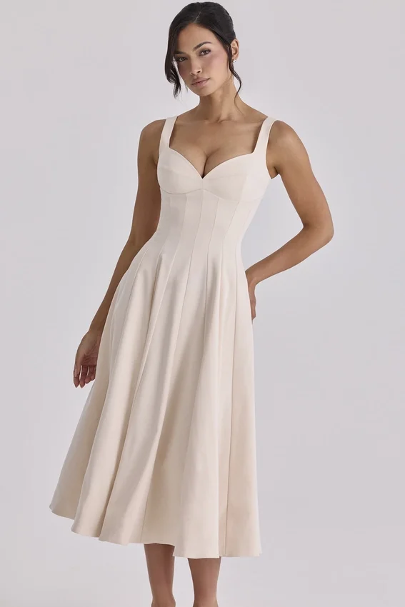 Carlotta Vintage Ivory Twill Silhouette Midi Dress Carlotta Vintage Ivory Twill Silhouette Midi Dress
