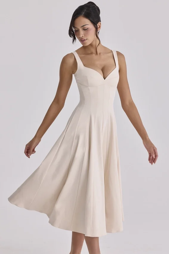 Carlotta Vintage Ivory Twill Silhouette Midi Dress Carlotta Vintage Ivory Twill Silhouette Midi Dress