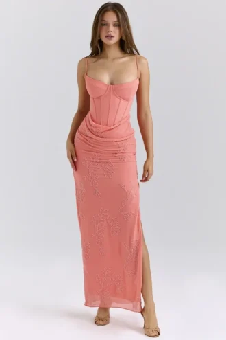 Carmella Coral Embellished Hand Beaded Maxi Dress