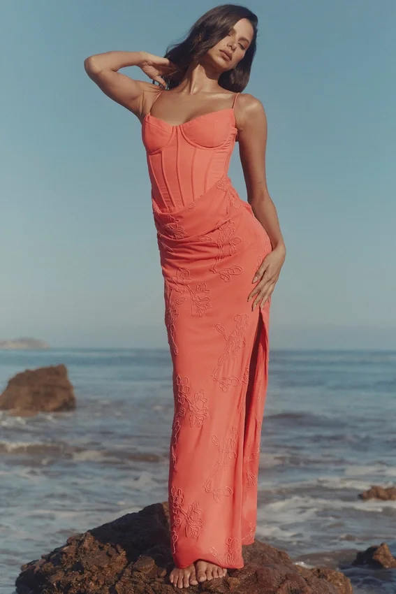 Carmella Coral Embellished Hand Beaded Maxi Dress Carmella Coral Embellished Hand Beaded Maxi Dress