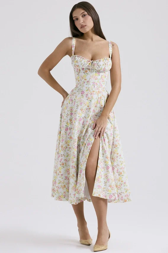 Carmen Pale Blue Meadow Print Cotton Bustier Sundress Carmen Pale Blue Meadow Print Cotton Bustier Sundress