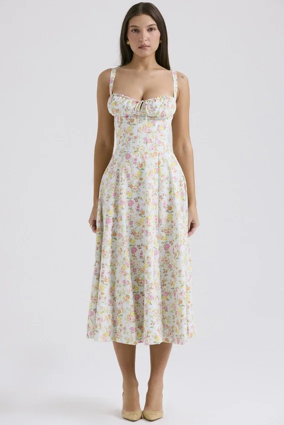 Carmen Pale Blue Meadow Print Cotton Bustier Sundress Carmen Pale Blue Meadow Print Cotton Bustier Sundress