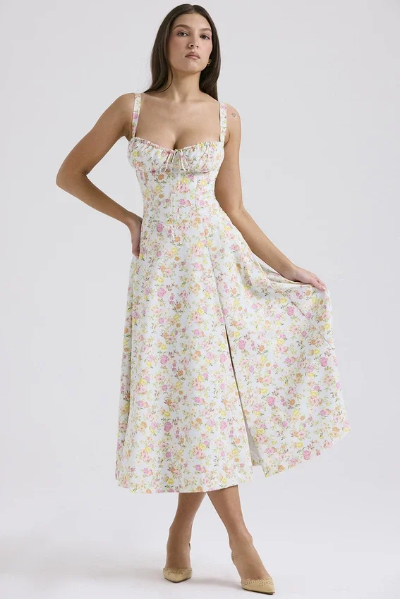 Carmen Pale Blue Meadow Print Cotton Bustier Sundress Carmen Pale Blue Meadow Print Cotton Bustier Sundress