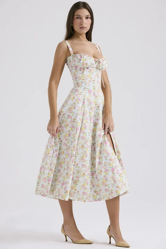 Carmen Pale Blue Meadow Print Cotton Bustier Sundress Carmen Pale Blue Meadow Print Cotton Bustier Sundress