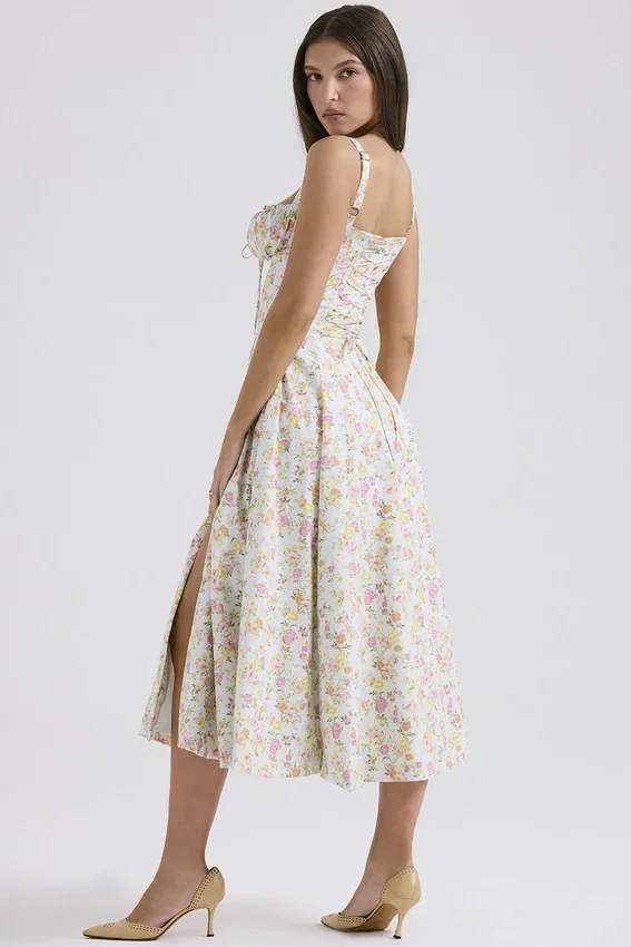 Carmen Pale Blue Meadow Print Cotton Bustier Sundress Carmen Pale Blue Meadow Print Cotton Bustier Sundress