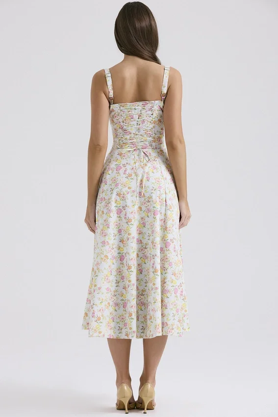 Carmen Pale Blue Meadow Print Cotton Bustier Sundress Carmen Pale Blue Meadow Print Cotton Bustier Sundress
