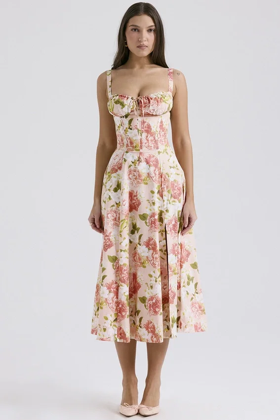 Carmen Pink Peony Print Cotton Bustier Sundress Carmen Pink Peony Print Cotton Bustier Sundress