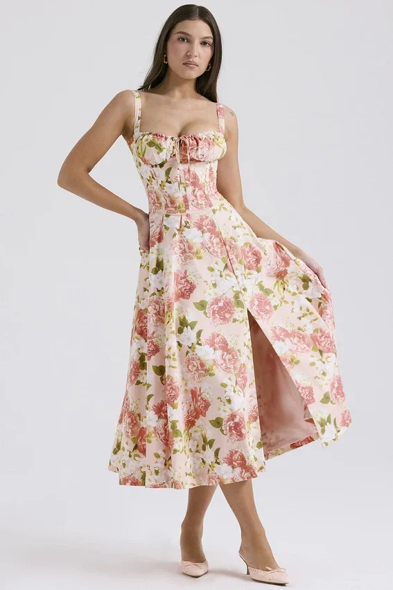 Carmen Pink Peony Print Cotton Bustier Sundress Carmen Pink Peony Print Cotton Bustier Sundress
