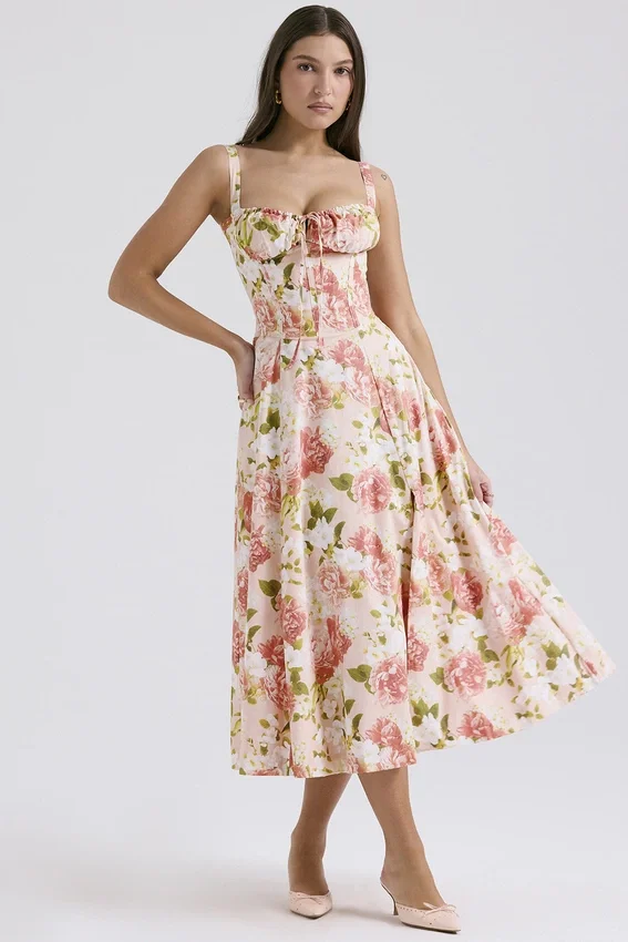 Carmen Pink Peony Print Cotton Bustier Sundress Carmen Pink Peony Print Cotton Bustier Sundress