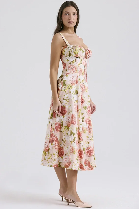 Carmen Pink Peony Print Cotton Bustier Sundress Carmen Pink Peony Print Cotton Bustier Sundress
