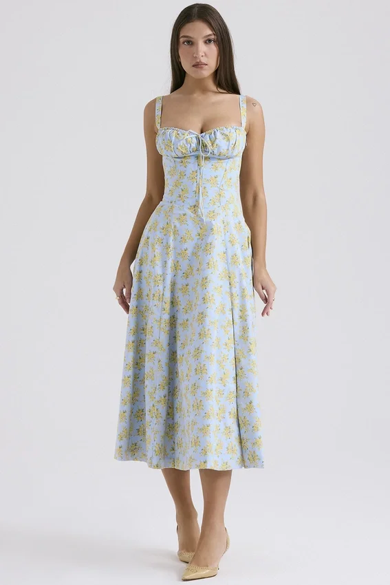 Carmen Soft Blue Vintage Floral Print Cotton Bustier Sundress Carmen Soft Blue Vintage Floral Print Cotton Bustier Sundress