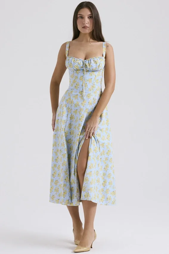 Carmen Soft Blue Vintage Floral Print Cotton Bustier Sundress Carmen Soft Blue Vintage Floral Print Cotton Bustier Sundress