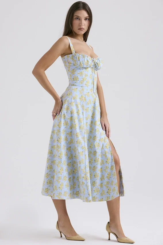 Carmen Soft Blue Vintage Floral Print Cotton Bustier Sundress Carmen Soft Blue Vintage Floral Print Cotton Bustier Sundress