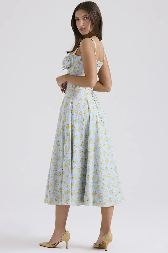 Carmen Soft Blue Vintage Floral Print Cotton Bustier Sundress Carmen Soft Blue Vintage Floral Print Cotton Bustier Sundress