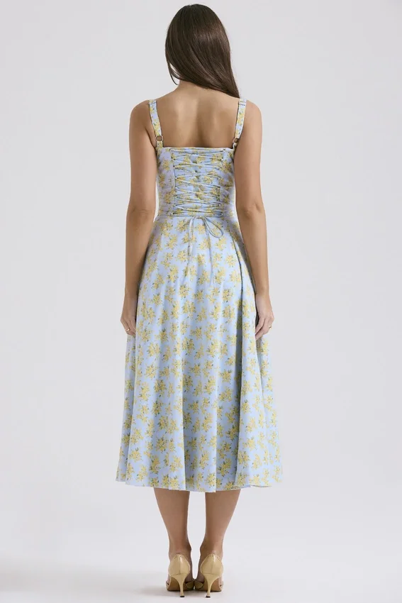 Carmen Soft Blue Vintage Floral Print Cotton Bustier Sundress Carmen Soft Blue Vintage Floral Print Cotton Bustier Sundress